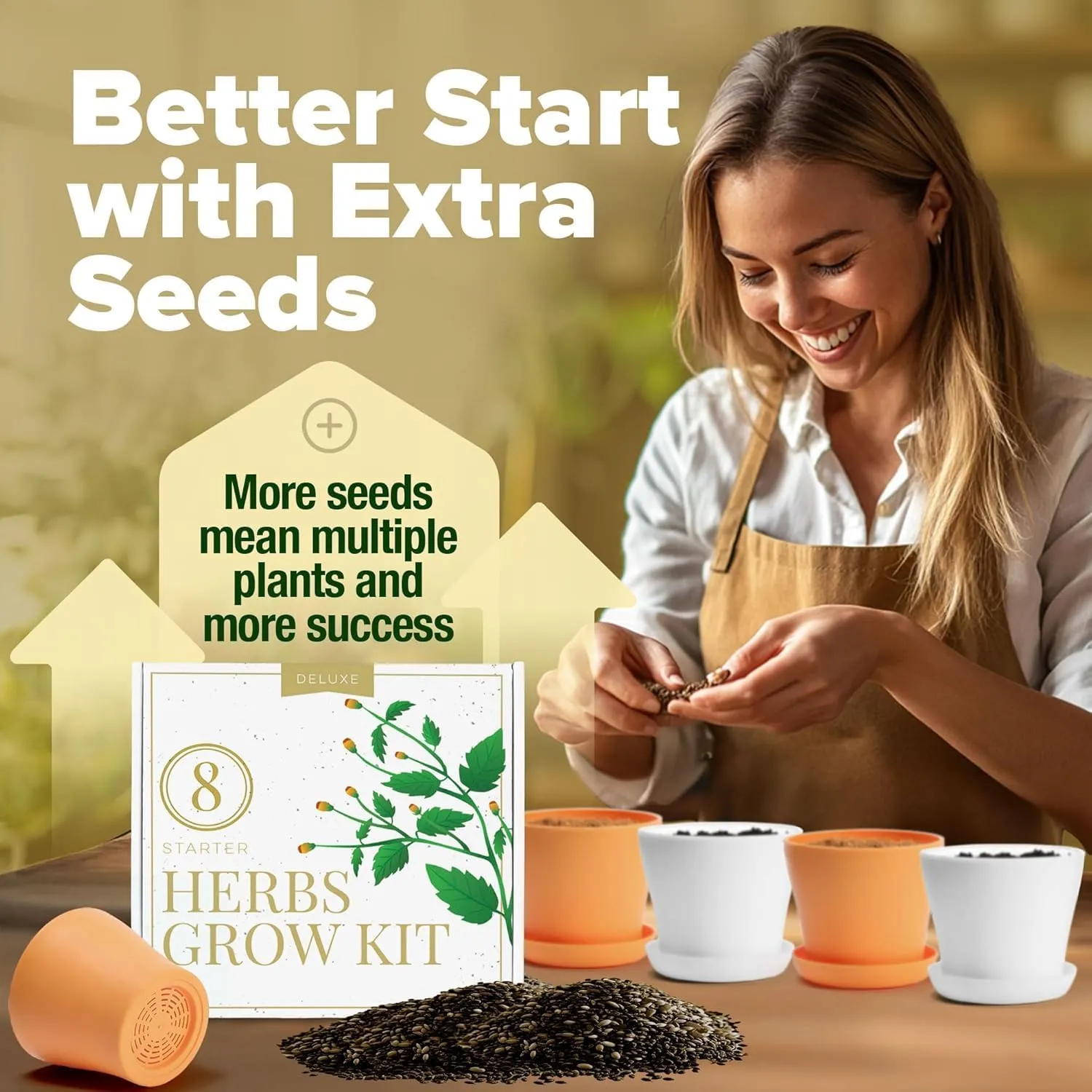 HOME GROWN 𝗗𝗘𝗟𝗨𝗫𝗘 8 Herb Seeds Garden Kit, Complete Indoor Planter Gift with Basil Cilantro Mint & More, Unique Kitchen Growing Set for Women Men, Birthday Housewarming Present