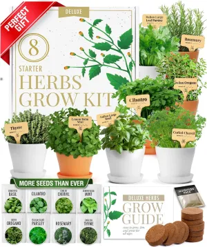 HOME GROWN 𝗗𝗘𝗟𝗨𝗫𝗘 8 Herb Seeds Garden Kit, Complete Indoor Planter Gift with Basil Cilantro Mint & More, Unique Kitchen Growing Set for Women Men, Birthday Housewarming Present