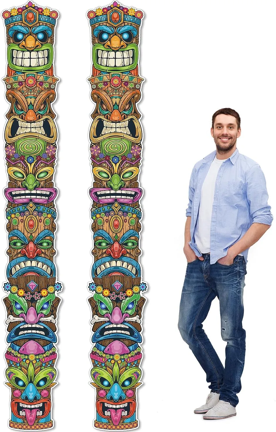 Honoson 2 Pcs Tiki Party Supplies - Totem Pole Giant Head Cutout Hawaiian Luau Decoration for Tiki Hut Indoor Outdoor Wall Decor