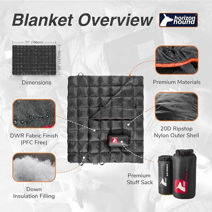 Horizon Hound Down Camping Blanket - Outdoor Travel Blanket | Sustainable Insulated Down | Lightweight & Warm Quilt for Camping, Stadium, Hiking & Festival | Water Resistant, Packable & Compact