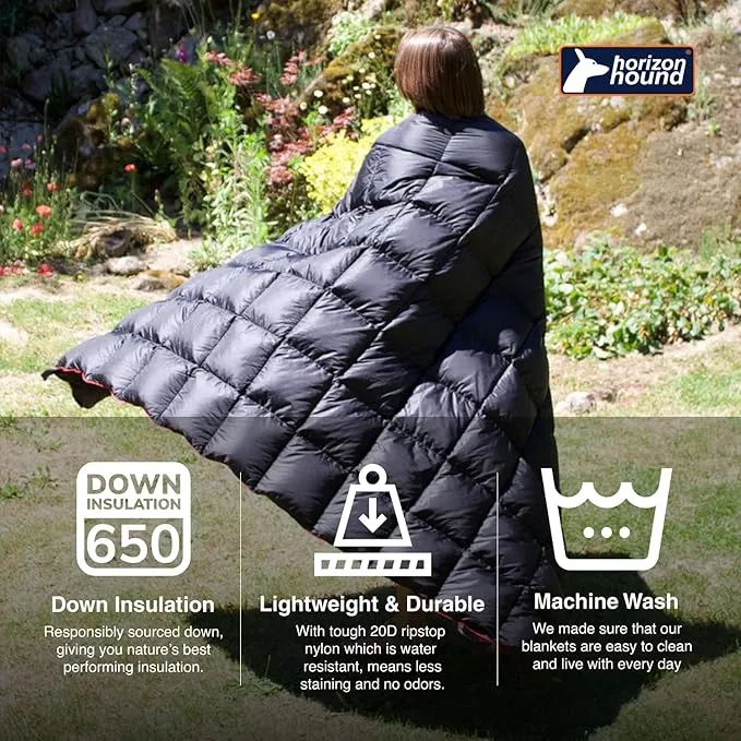 Horizon Hound Down Camping Blanket - Outdoor Travel Blanket | Sustainable Insulated Down | Lightweight & Warm Quilt for Camping, Stadium, Hiking & Festival | Water Resistant, Packable & Compact
