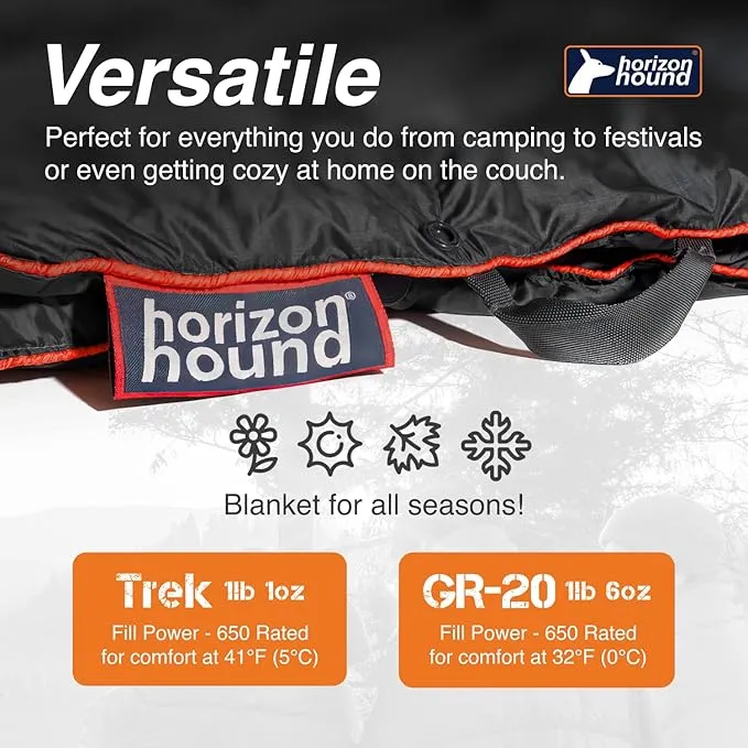 Horizon Hound Down Camping Blanket - Outdoor Travel Blanket | Sustainable Insulated Down | Lightweight & Warm Quilt for Camping, Stadium, Hiking & Festival | Water Resistant, Packable & Compact