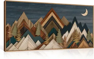 HPINUB Mountain Woodcut Style Framed Canvas Wall Art Set,Vintage Pine Tree Wall Decor, Nature Country Wilderness Forest Artwork,Modern Navy Blue Art Prints for Living Room,Bedroom,Farmhouse- 20"x40"