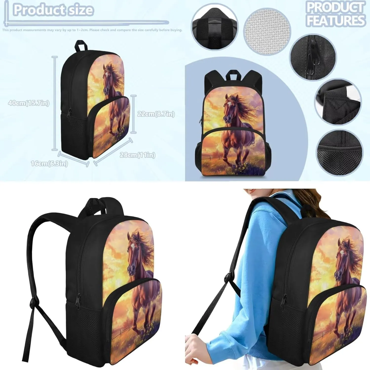 HUGS IDEA 3D Horse Backpack for Kids Cool Animal School Backpack for Boys 10-12 School Bookbag with Lunch Box and Pencil Case Lightweight School Bag for Boys Portable Lunch Bag