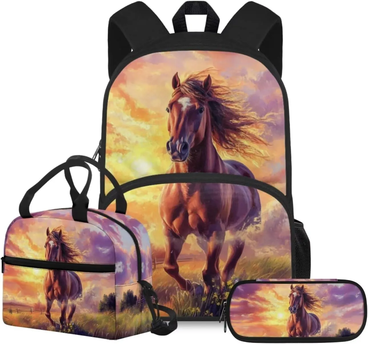 HUGS IDEA 3D Horse Backpack for Kids Cool Animal School Backpack for Boys 10-12 School Bookbag with Lunch Box and Pencil Case Lightweight School Bag for Boys Portable Lunch Bag