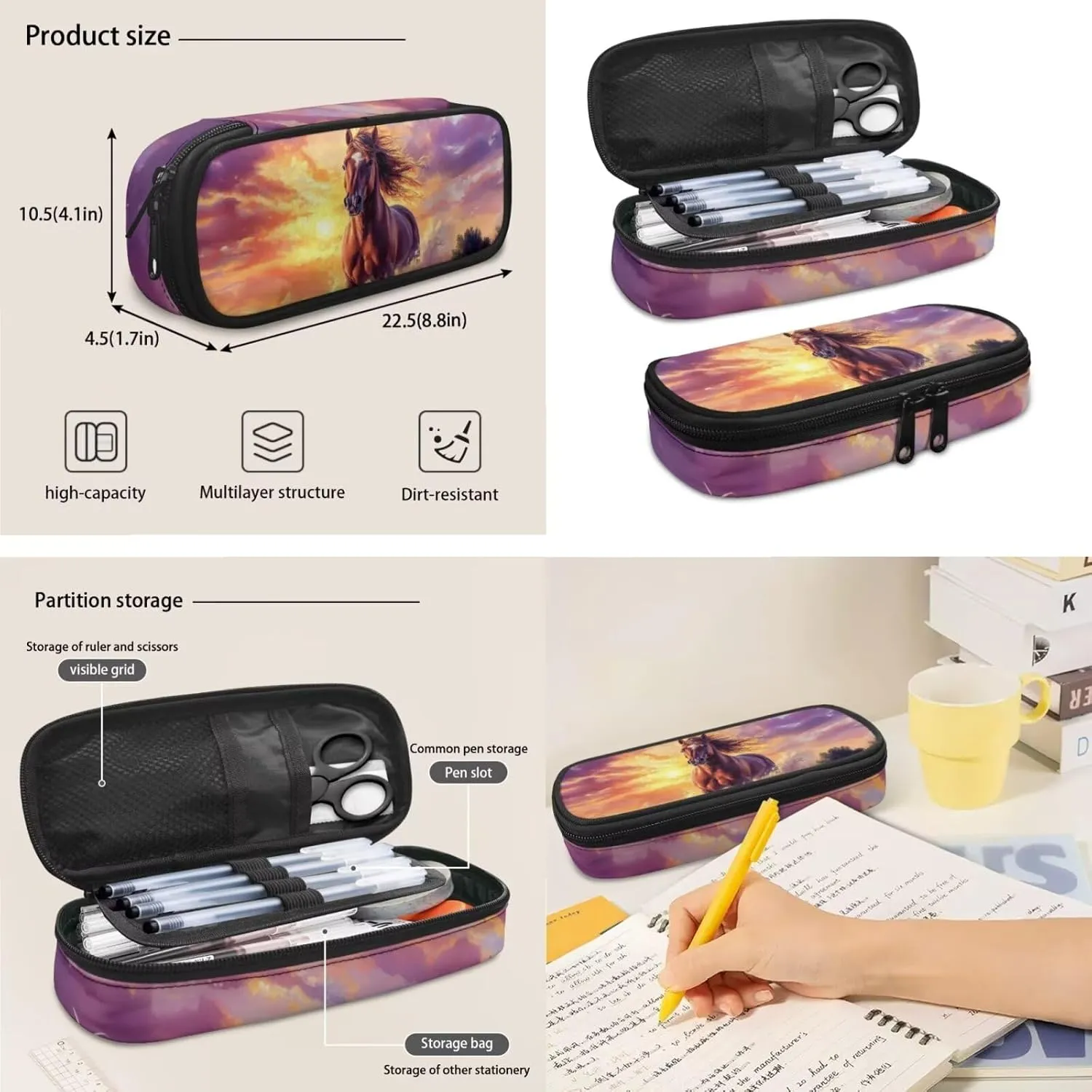 HUGS IDEA 3D Horse Backpack for Kids Cool Animal School Backpack for Boys 10-12 School Bookbag with Lunch Box and Pencil Case Lightweight School Bag for Boys Portable Lunch Bag