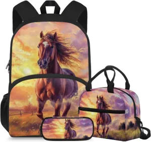 HUGS IDEA 3D Horse Backpack for Kids Cool Animal School Backpack for Boys 10-12 School Bookbag with Lunch Box and Pencil Case Lightweight School Bag for Boys Portable Lunch Bag