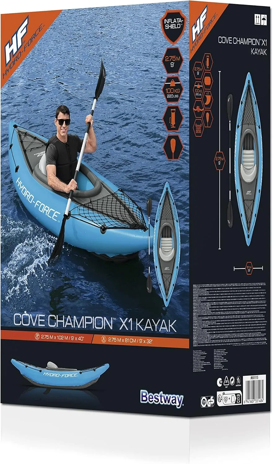 Hydro-Force Cove Champion | 1 Person Inflatable Kayak Set with Hand Pump, Paddles, Carry Bag, Blue