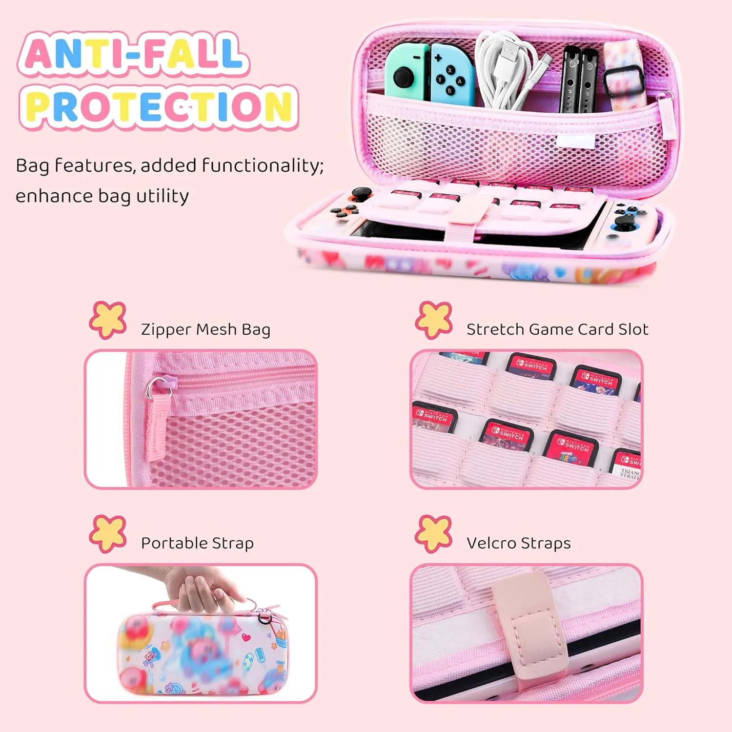 HYPERCASE Pink Anime Switch Carrying Case Kit with Cute Travel Bag for Nintendo Switch Accessories Storage, Soft TPU Protective Cover Skin, Screen Protector, Shoulder Straps & 2 Kawaii Thump Caps