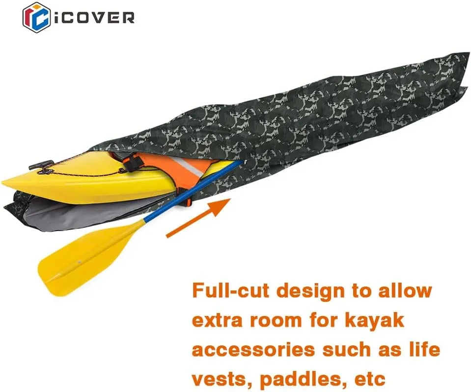 i COVER 13ft Kayak Cover- Water Proof Heavy Duty Canoes/Kayaks Covers Fits Canoe or Paddleboards up to 13ft Long and Beam Width up to 30in, Camo