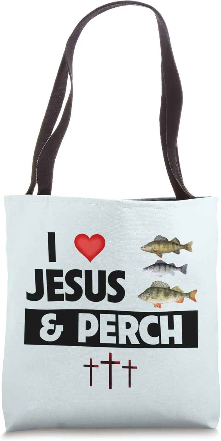 I Love Jesus and Perch Freshwater Fishing Creek Christian Tote Bag