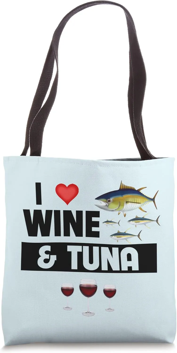 I Love Wine and Tuna Fish Saltwater Fishing Sea Drinking Tote Bag