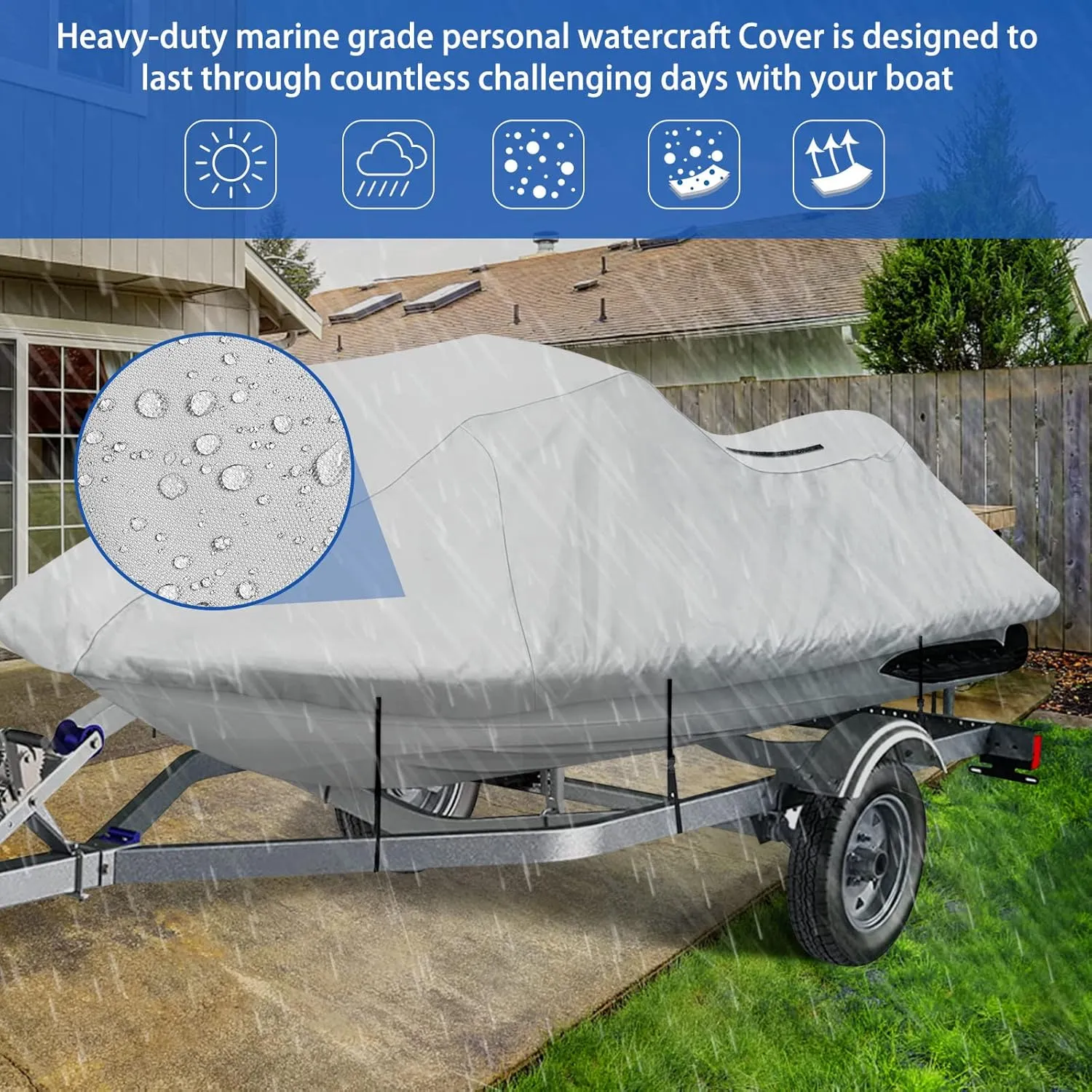 iCOVER Jet Ski Cover - Personal Watercraft Covers, Waterproof Heavy Duty Trailerable Jet Ski Protection for Seadoo Kawasaki Yamaha Wave Runner, Fits PWC Models Up to 113in Long