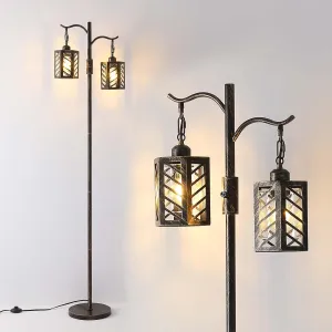 Industrial,Vintage Dimmable Floor Lamp,2 Classical Lanterns Standing Lamp, Rustic Farmhouse Floor Lamp with Bronze Gold Finish, for Living Room Bedroom (Bronze)