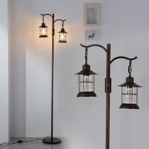 Industrial,Vintage Dimmable Floor Lamp,2 Classical Lanterns Standing Lamp, Rustic Farmhouse Floor Lamp with Bronze Gold Finish, for Living Room Bedroom (Red Copper-B-Style)