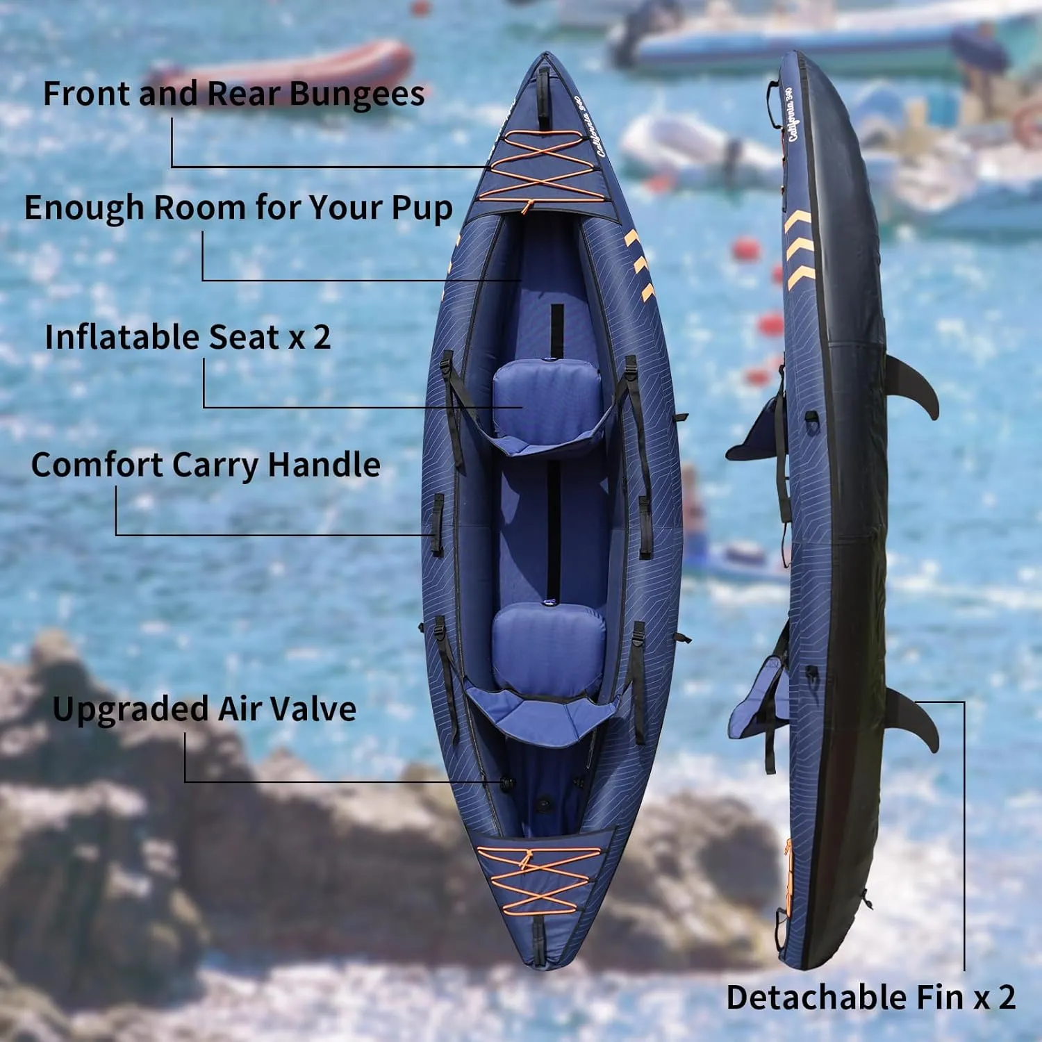 Inflatable Kayak, 2-Person Kayak with 420lb Weight Capacity, Tandem Kayak for Adults with Adjustable Seats, Fins, Pump, Paddles, Carry Bag, Puncture Resistant