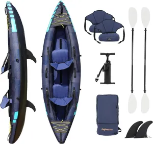 Inflatable Kayak, 2-Person Kayak with 420lb Weight Capacity, Tandem Kayak for Adults with Adjustable Seats, Fins, Pump, Paddles, Carry Bag, Puncture Resistant