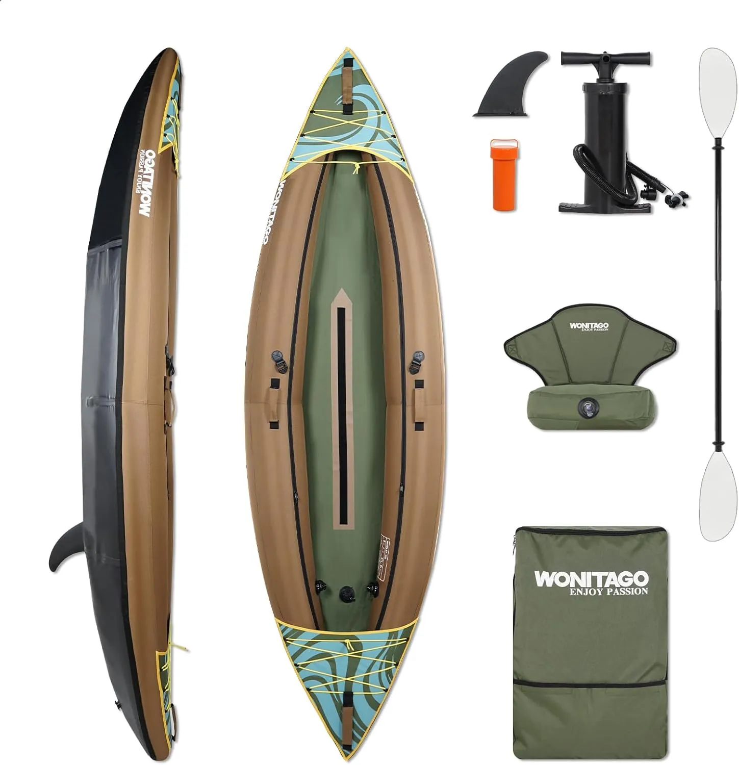 Inflatable Kayak, Recreational Touring Kayak with Adjustable Kayak Paddle, Hand Pump and Carrying Bag, 1/2 Person
