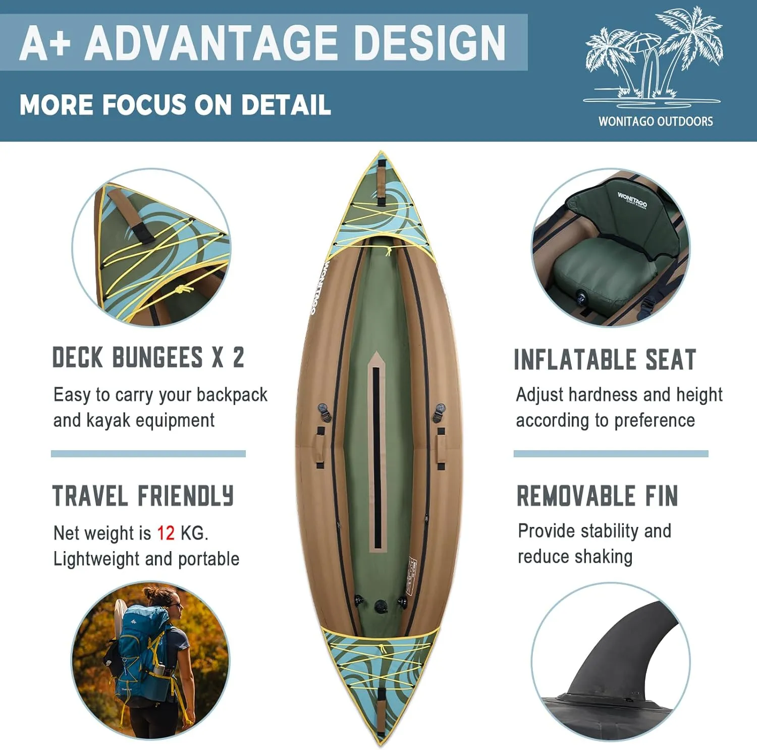 Inflatable Kayak, Recreational Touring Kayak with Adjustable Kayak Paddle, Hand Pump and Carrying Bag, 1/2 Person