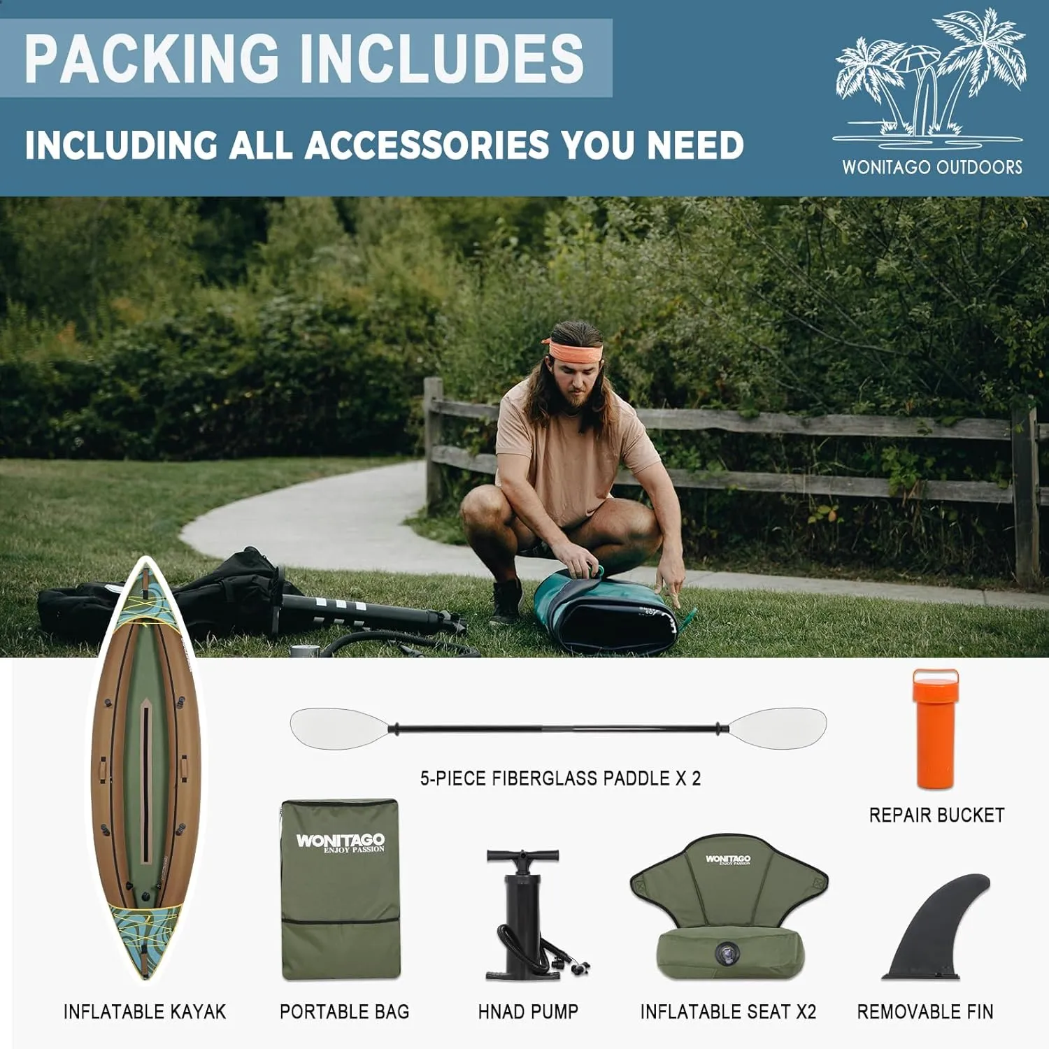 Inflatable Kayak, Recreational Touring Kayak with Adjustable Kayak Paddle, Hand Pump and Carrying Bag, 1/2 Person