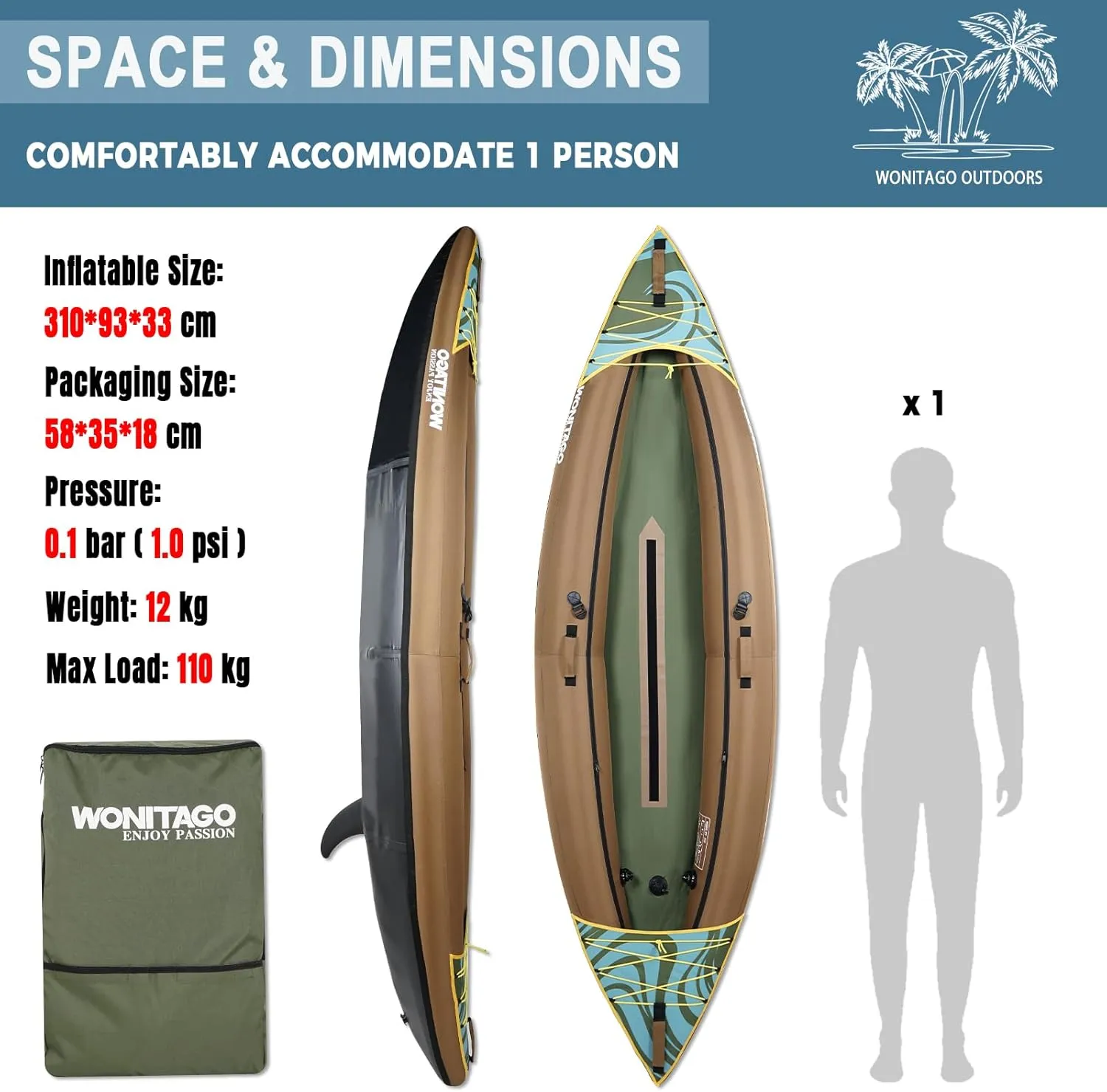 Inflatable Kayak, Recreational Touring Kayak with Adjustable Kayak Paddle, Hand Pump and Carrying Bag, 1/2 Person