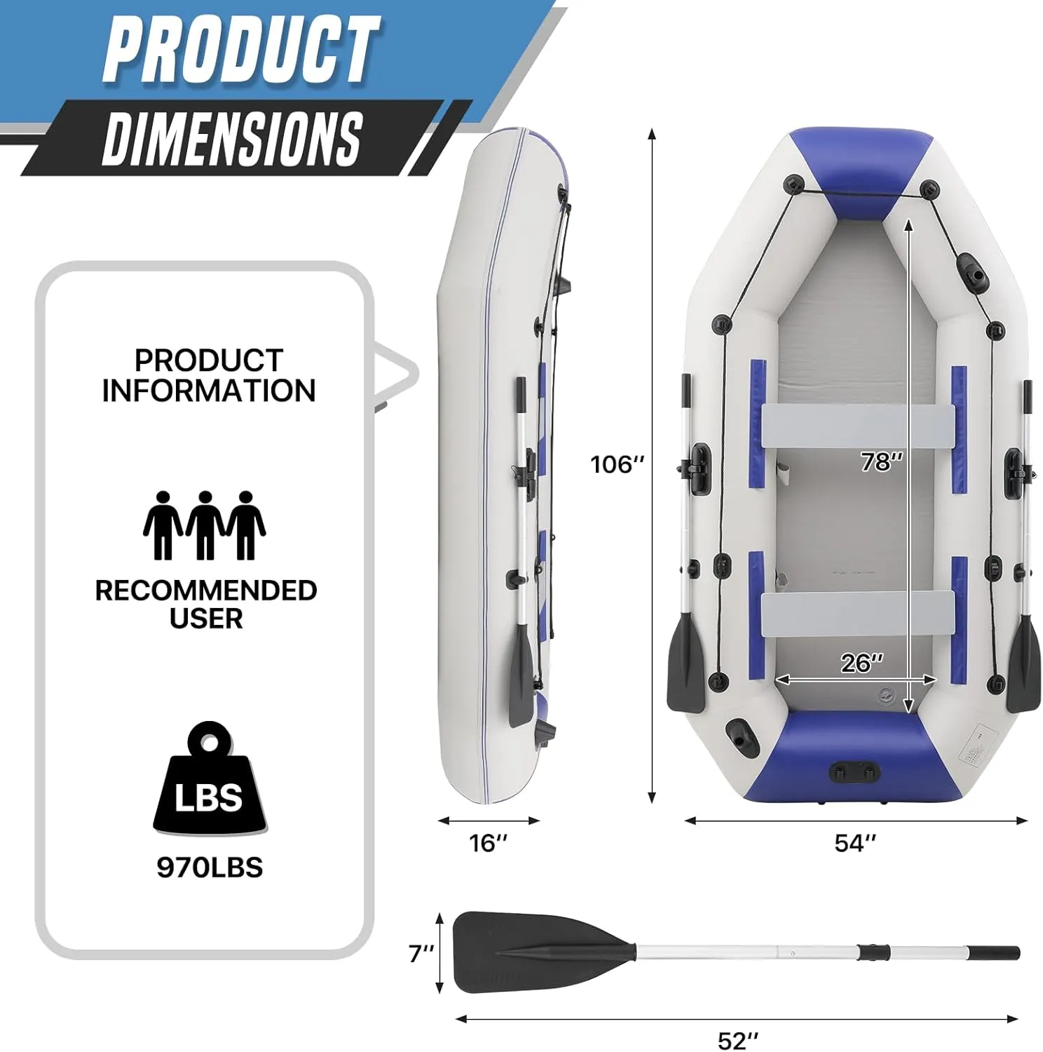 Inflatable Sports Kayak(Oars Included), 1-4 Person Air Fishing Raft Boat, Max Load 790Ibs, Quick Inflation and Deflation, Carry Bag Included