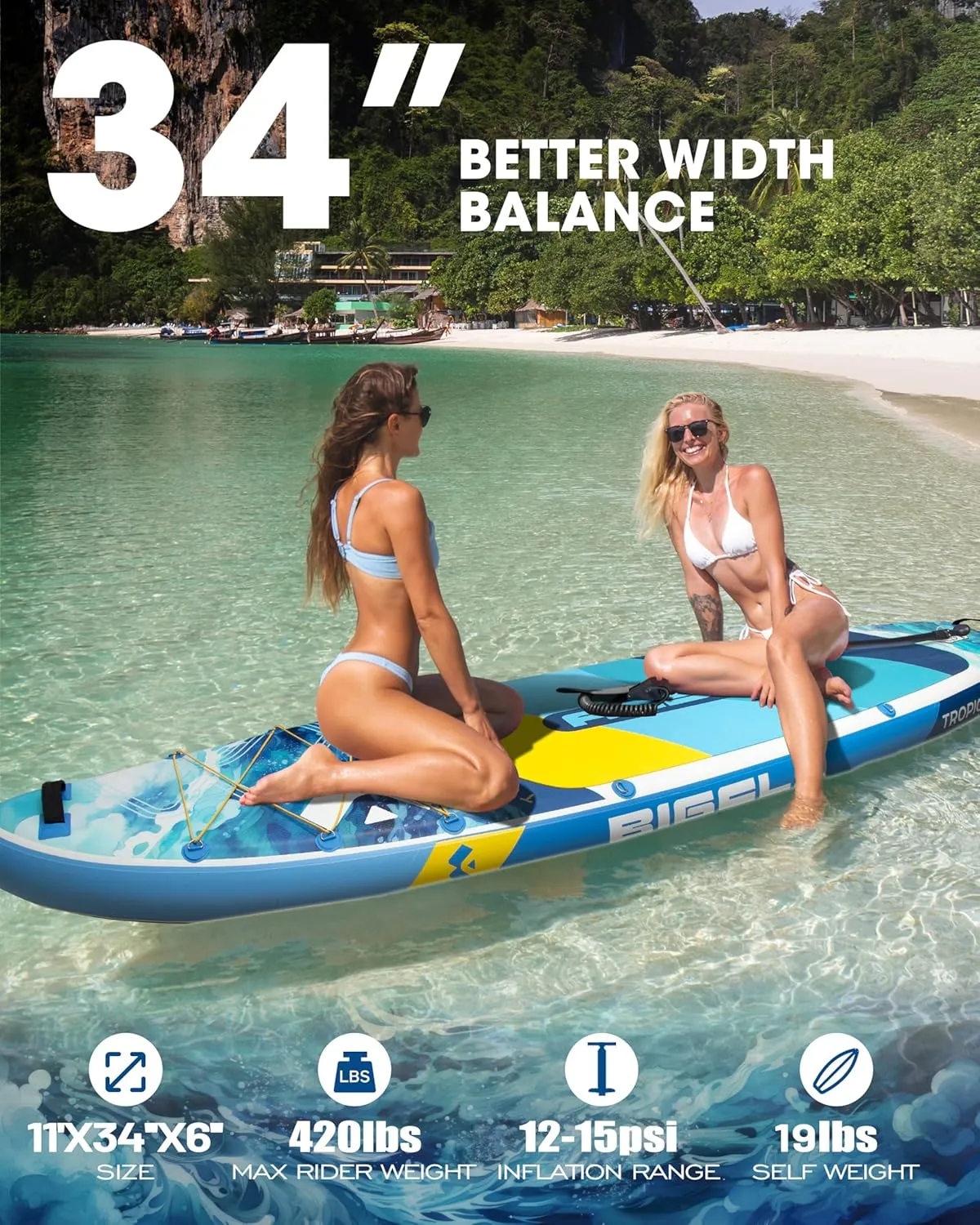 Inflatable Stand Up Paddle Board 11’*34”*6”, Blow Up Paddle Board for Adults,with Detachable Fins, Pump, Floating Paddle, Safety Leash,Backpack