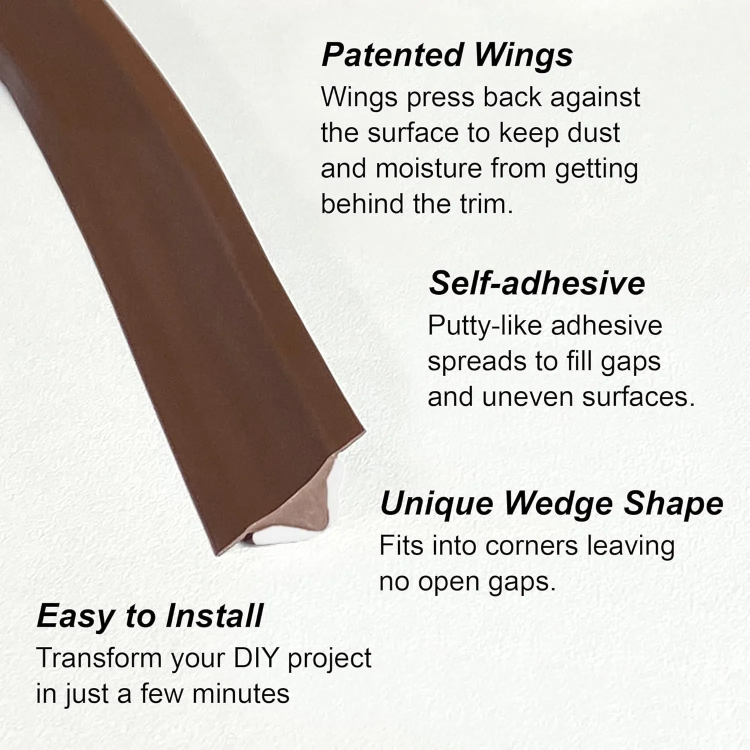 InstaTrim Self-Adhesive Flexible Moulding Trim Kit - Fast, Easy Installation with Professional Results - 20ft of Brown 1/2" Caulk Tape, Applicator Tool, & Corners