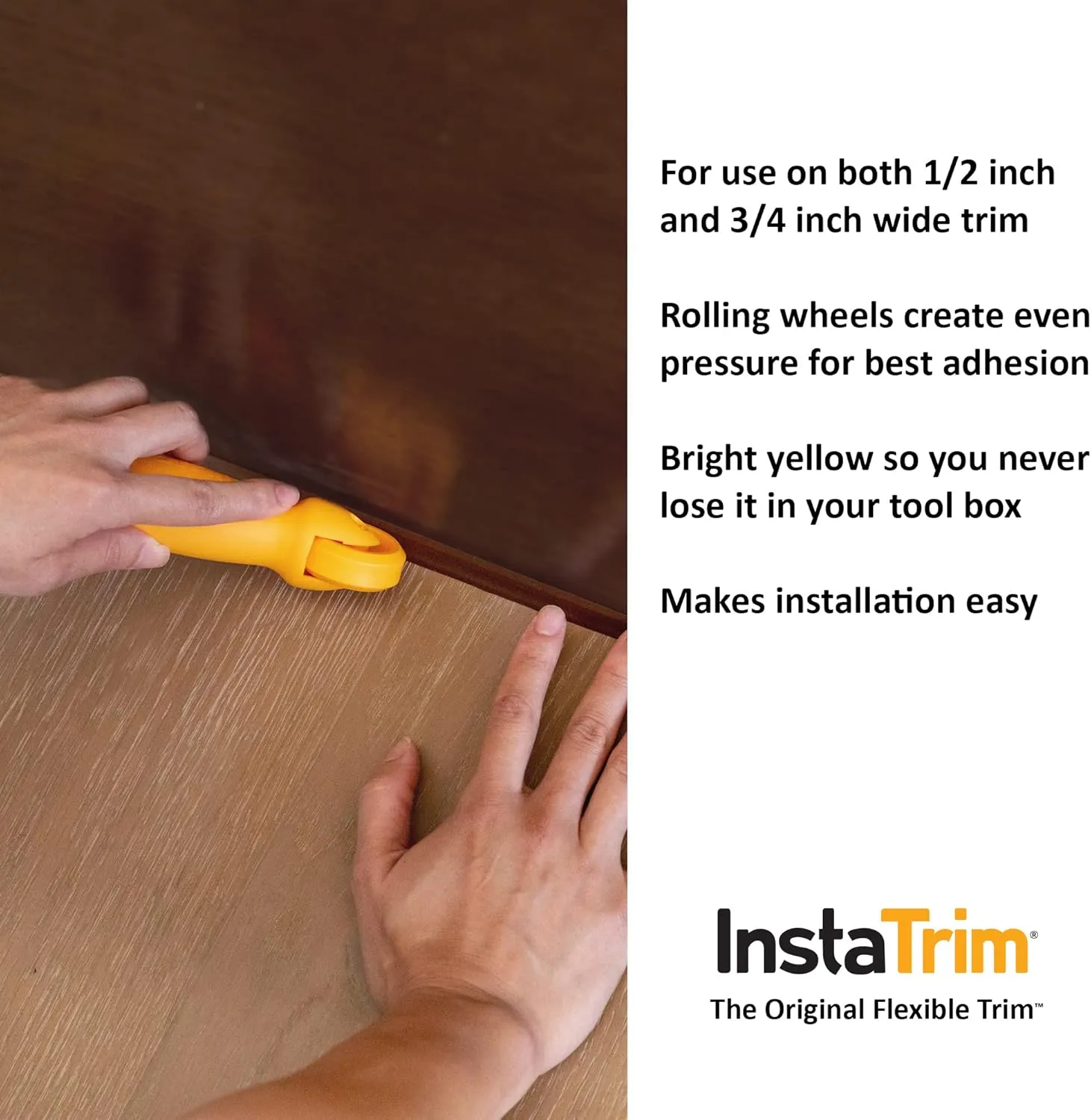 InstaTrim Self-Adhesive Flexible Moulding Trim Kit - Fast, Easy Installation with Professional Results - 20ft of Brown 1/2" Caulk Tape, Applicator Tool, & Corners