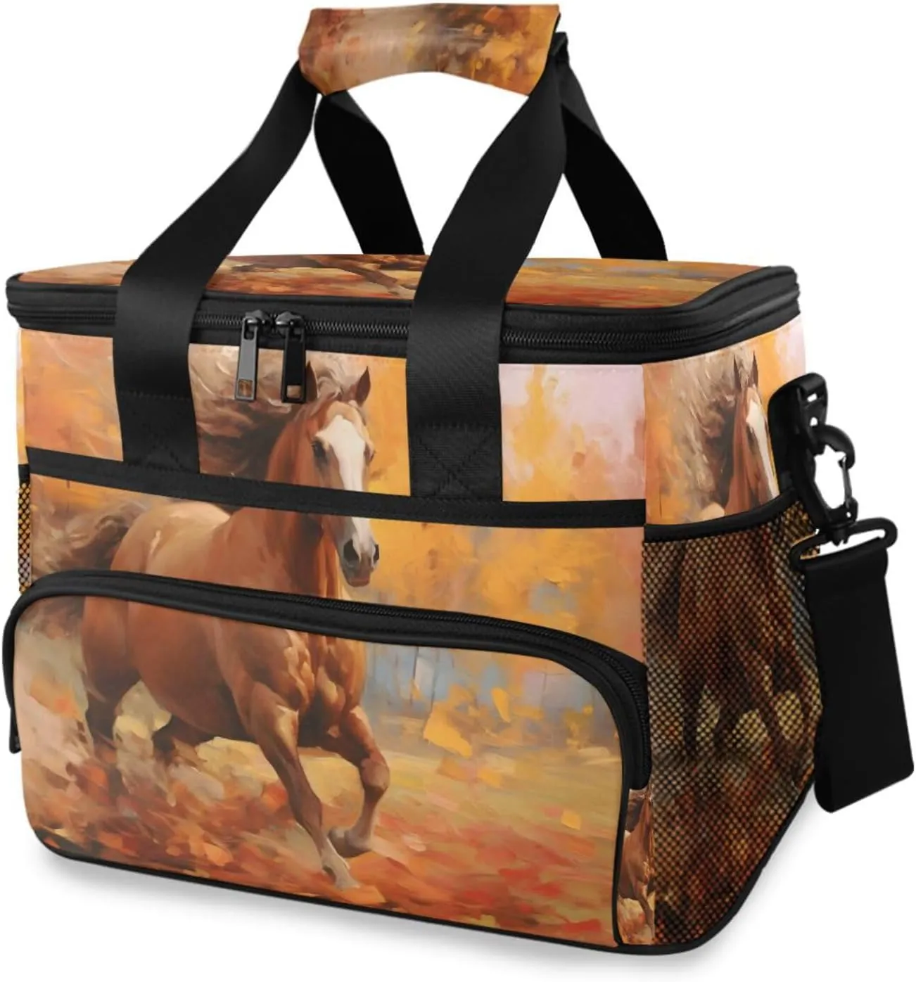 Insulated Cooler Bag 24 Cans Large Capacity Lunch Box-Horse Running Print Leak Proof with Shoulder Strap for Camping Picnic