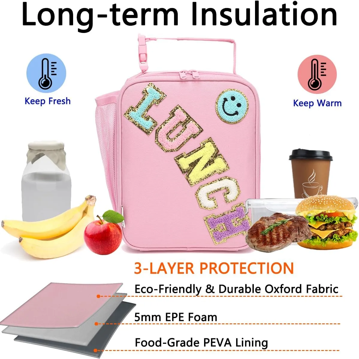 Insulated Lunch Bag for Women Girl Teen large Insulated Kid Lunch Bag,Large Reusable Cute Cooler Bag for School Work Picnic,Pink Alphabet