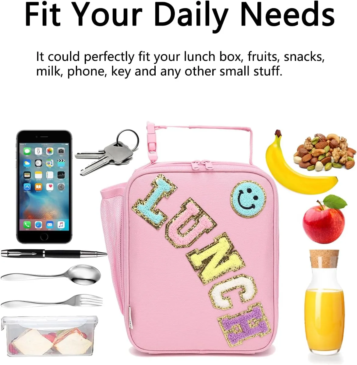 Insulated Lunch Bag for Women Girl Teen large Insulated Kid Lunch Bag,Large Reusable Cute Cooler Bag for School Work Picnic,Pink Alphabet