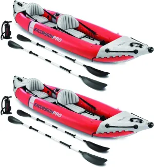 INTEX 68309EP Excursion Pro K2 Inflatable Kayak Set: Includes Deluxe 86in Kayak Paddles and High-Output Pump – SuperTough PVC – Adjustable Bucket Seat – 2-Person – 400lb Weight Capacity, 2-Pack