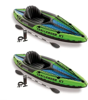 Intex Challenger K1 1 Person Durable Vinyl Streamline Sporty Kayak with Inflatable Seat and Backrest, Oar, Pump, Carrying Bag, and Repair Kit (2 Pack)