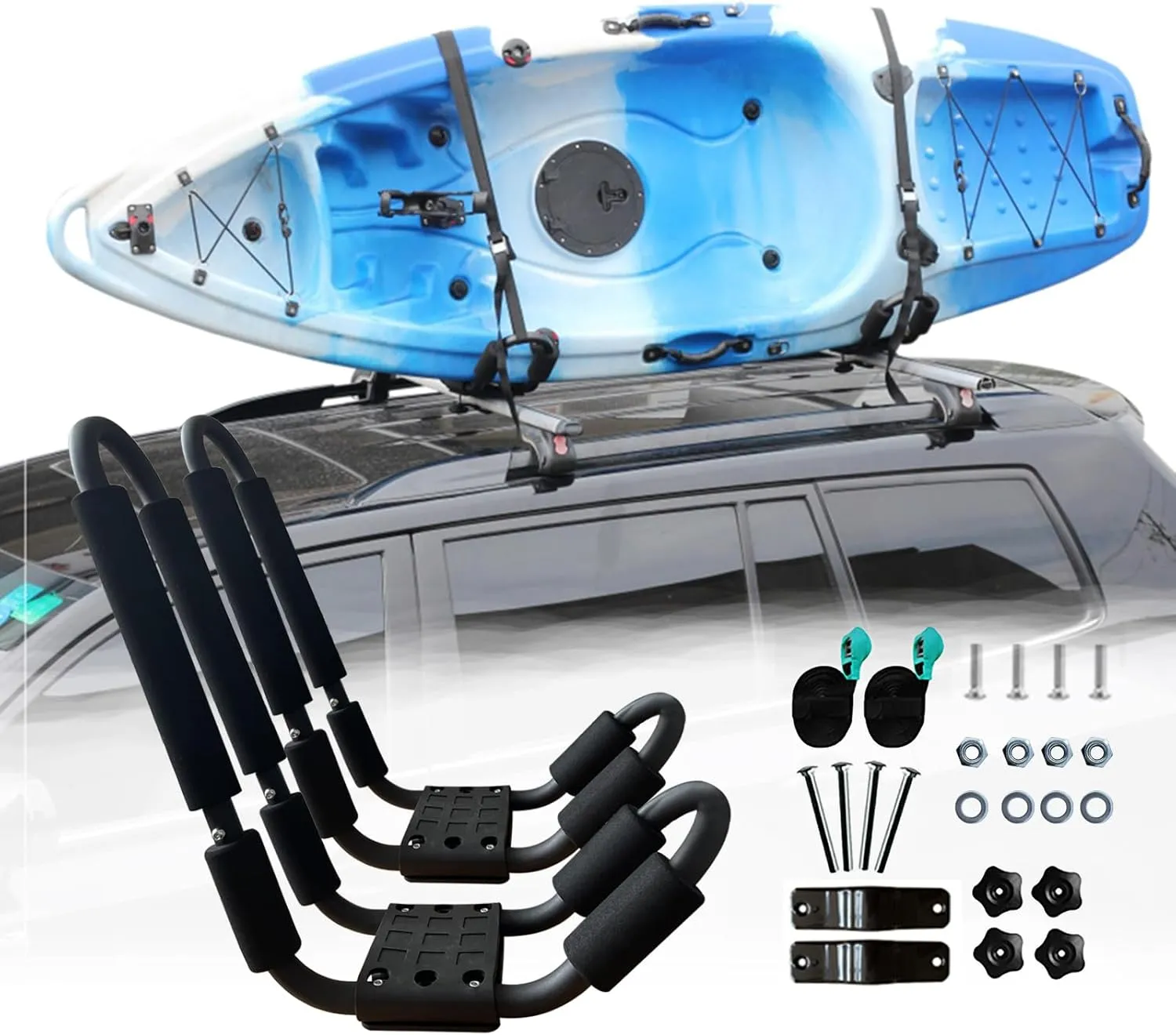 J Bar Kayak Roof Rack Universal Kayak Saddle Kayak Carrier Holders for Canoe, SUP, Kayaks, Surfboard and Ski Board Rooftop Mount on SUV, Car and Truck Crossbar (Kayak roof Rack)