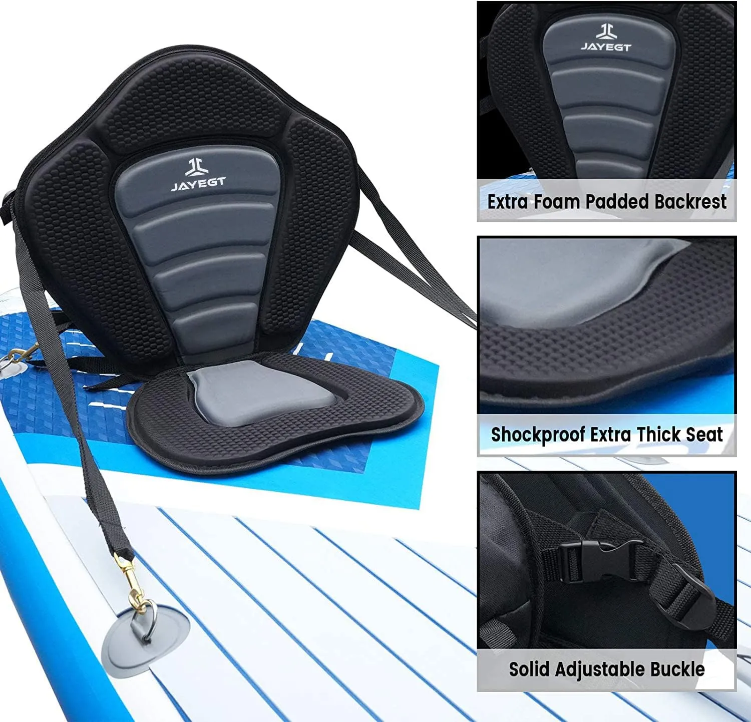 JAYEGT Kayak Seat Deluxe Padded Back Canoe Seat with Back Support ，SUP Paddle Board Seats Fishing Seat for Universal Sit with Detachable Storage Bag and 4 Adjustable Straps.