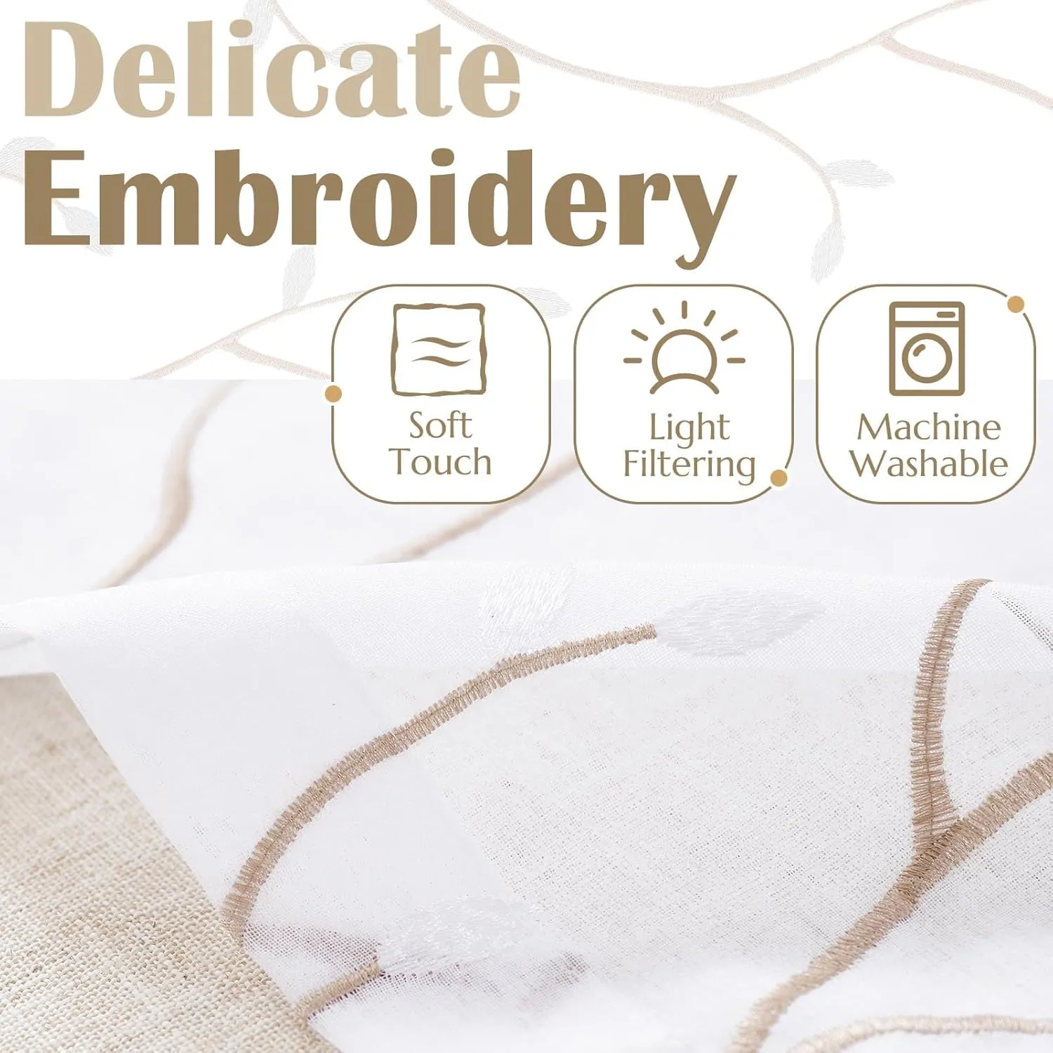 jinchan Linen Valance Sheer Double Layer Kitchen Window Curtain Leaf Embroidered Valance for Living Room Cafe Farmhouse Light Filtering Rustic Country Curtain 18 Inch Rod Pocket 1 Panel White