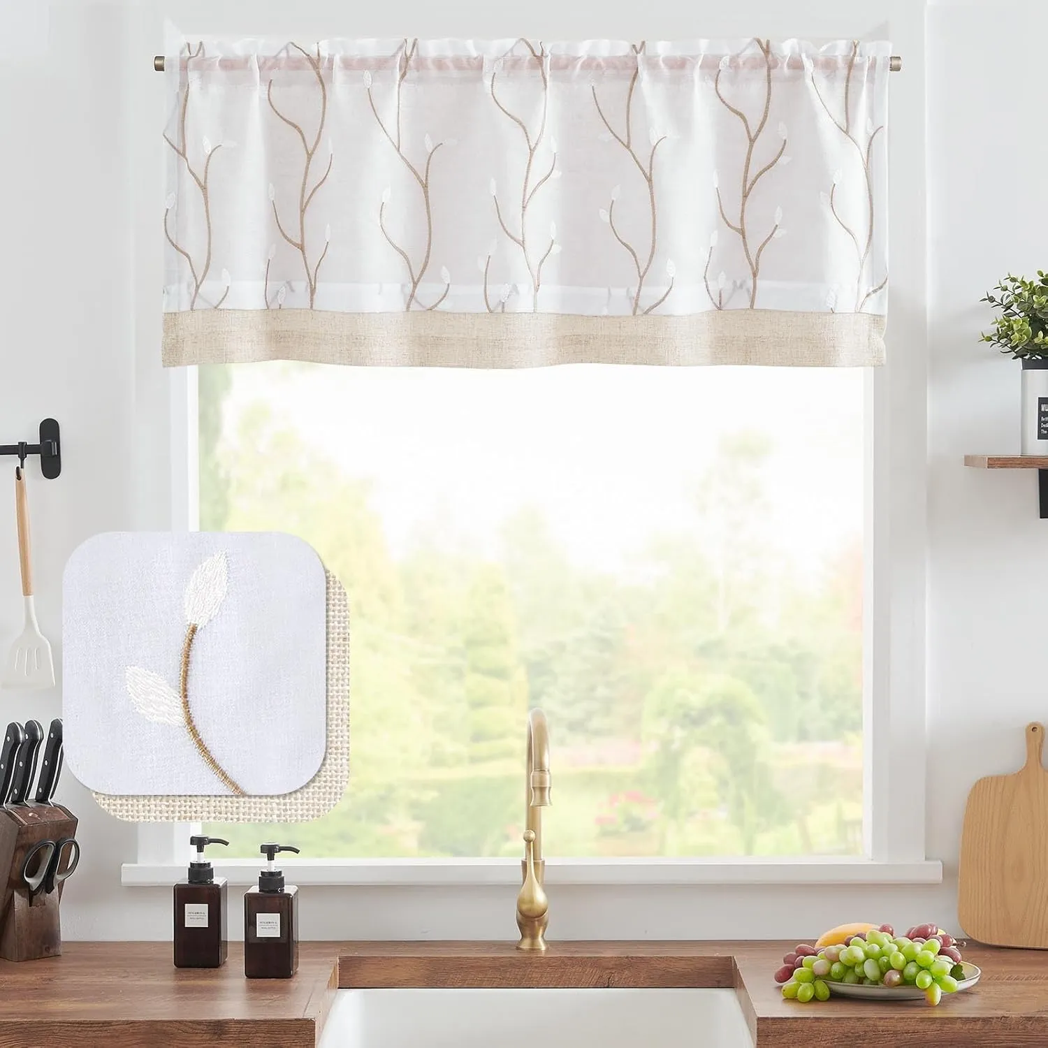 jinchan Linen Valance Sheer Double Layer Kitchen Window Curtain Leaf Embroidered Valance for Living Room Cafe Farmhouse Light Filtering Rustic Country Curtain 18 Inch Rod Pocket 1 Panel White
