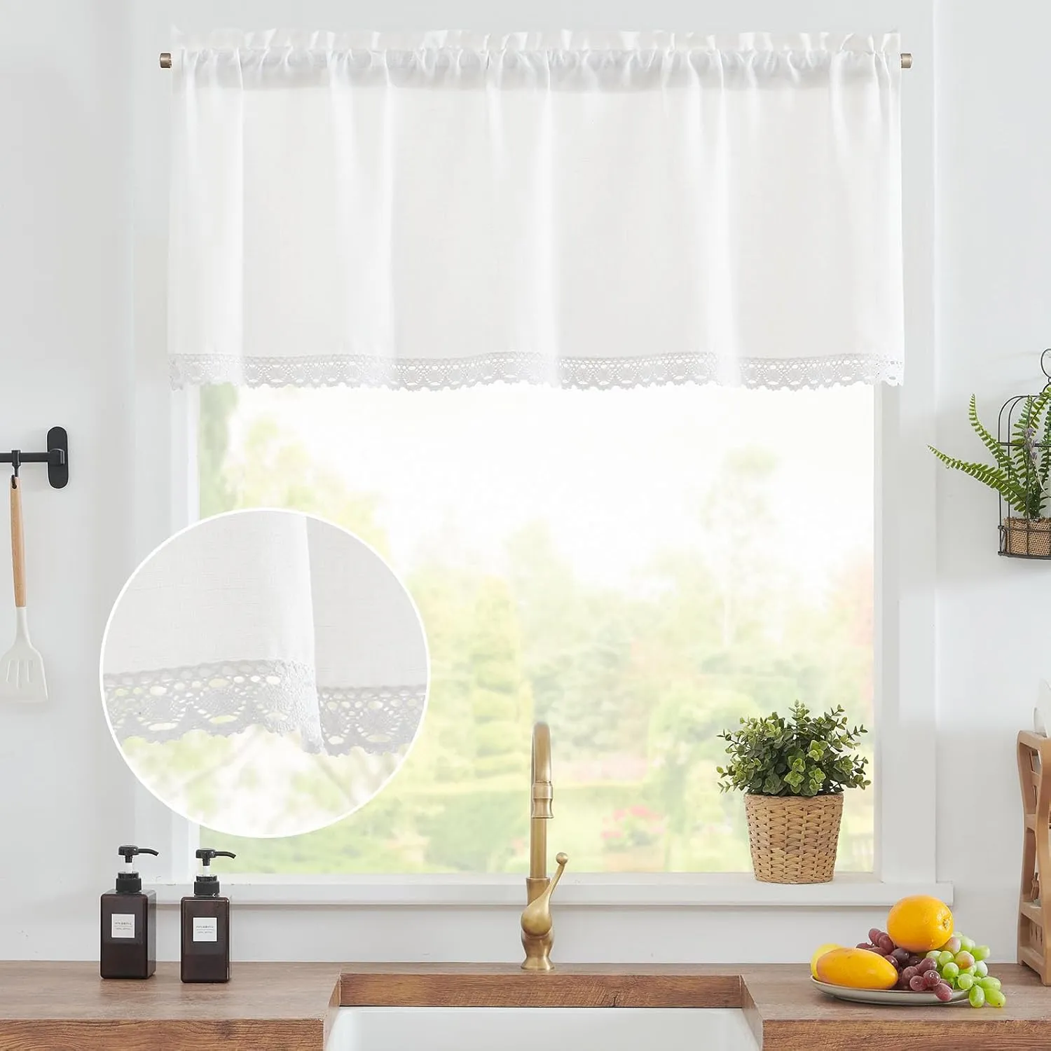 jinchan Linen Valance with Lace Trim Farmhouse Rustic Valance Curtain for Window 18 Inch Small Window Treatment for Living Room Dining Room Semi Sheer Light Filtering Rod Pocket 1 Panel Off White