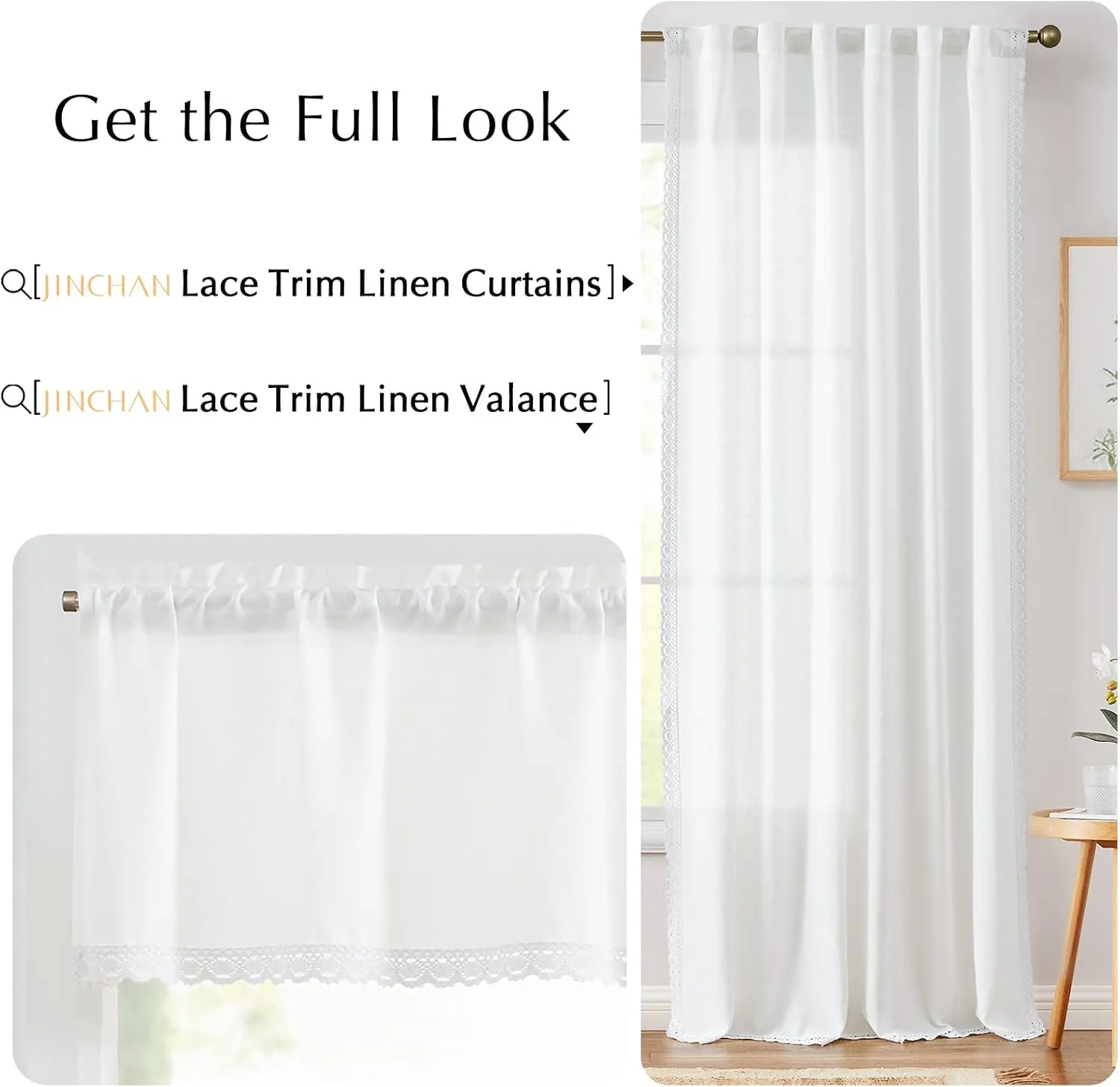 jinchan Linen Valance with Lace Trim Farmhouse Rustic Valance Curtain for Window 18 Inch Small Window Treatment for Living Room Dining Room Semi Sheer Light Filtering Rod Pocket 1 Panel Off White