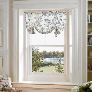 jinchan Tie Up Valance Floral Linen Valance for Windows Farmhouse Valance 45 Inch Damask Printed Short Window Treatment Adjustable for Kitchen Living Room Light Filtering 1 Panel Blue on Beige