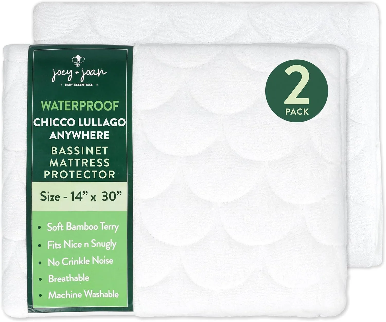 Joey   Joan Waterproof Bassinet Mattress Pad Cover Compatible with Chicco Lullago Anywhere Bassinet – 2 Pack Quilted Mattress Protector Made from Ultra Soft Bamboo Viscose Terry – 14" x 30"