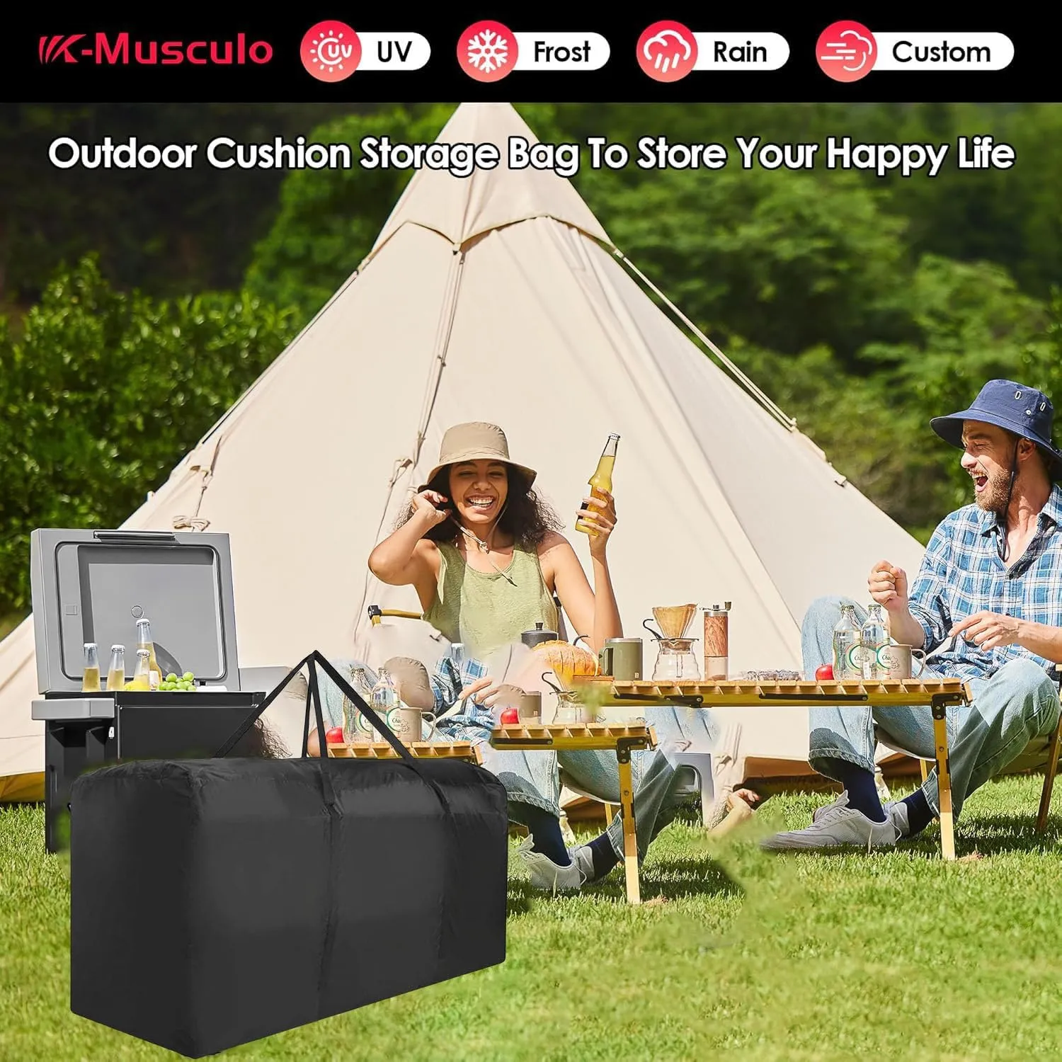 K-Musculo Outdoor Cushion Storage Bag, Waterproof Upgrade 600D PVC with Handles Protective Zipper,Patio Cushion Storage Bag(Black 68" x 30" x 20")