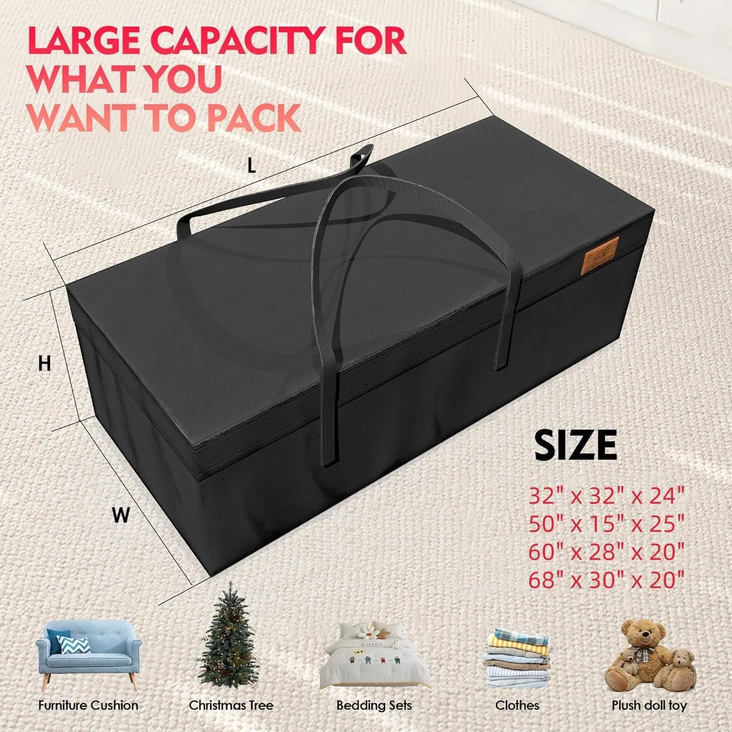 K-Musculo Outdoor Cushion Storage Bag, Waterproof Upgrade 600D PVC with Handles Protective Zipper,Patio Cushion Storage Bag(Black 68" x 30" x 20")