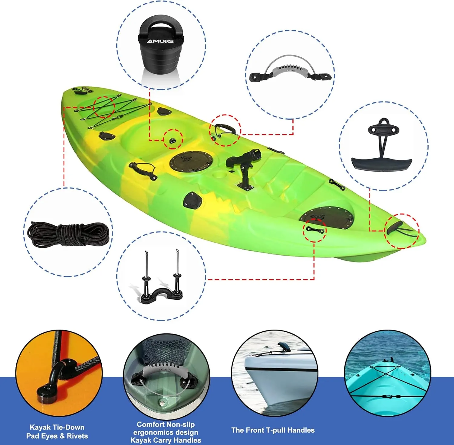 Kayak Carry Handles Kayak Accessory Kayak Scupper Plug kayak handles replacement and T-Handle with 8 Feet Bungee Cord Tri-Grip Rivet Pad Eyes Kit Kayak Parts for Lifetime,Ocean,Emotion Canoe Boat