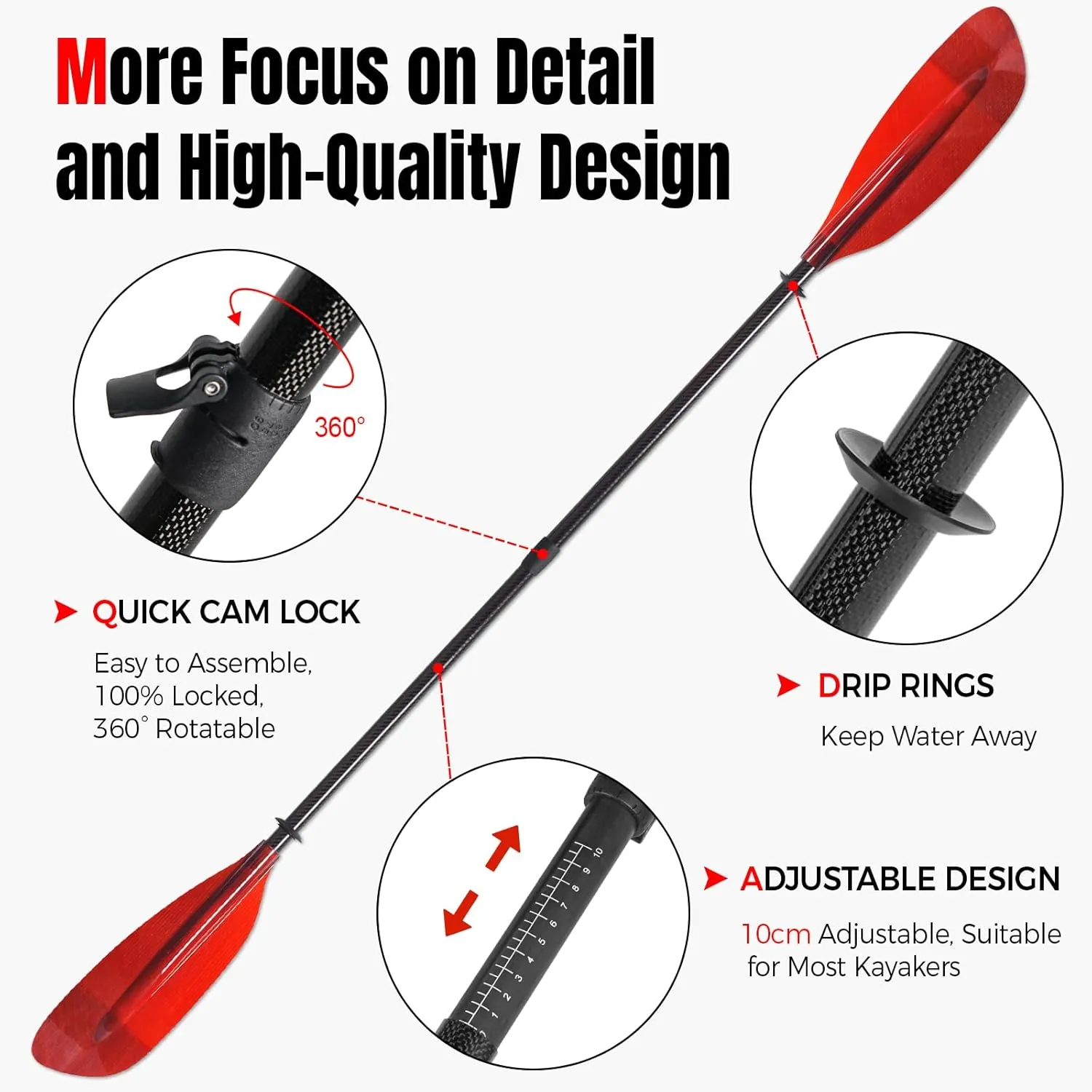Kayak Paddle Premium Carbon Shaft and Gradient Full Fiberglass Blade, Lightweight Adjustable Carbon Fiber Kayaking Oars, 230-240 cm/90-94 inches, Colorful Series