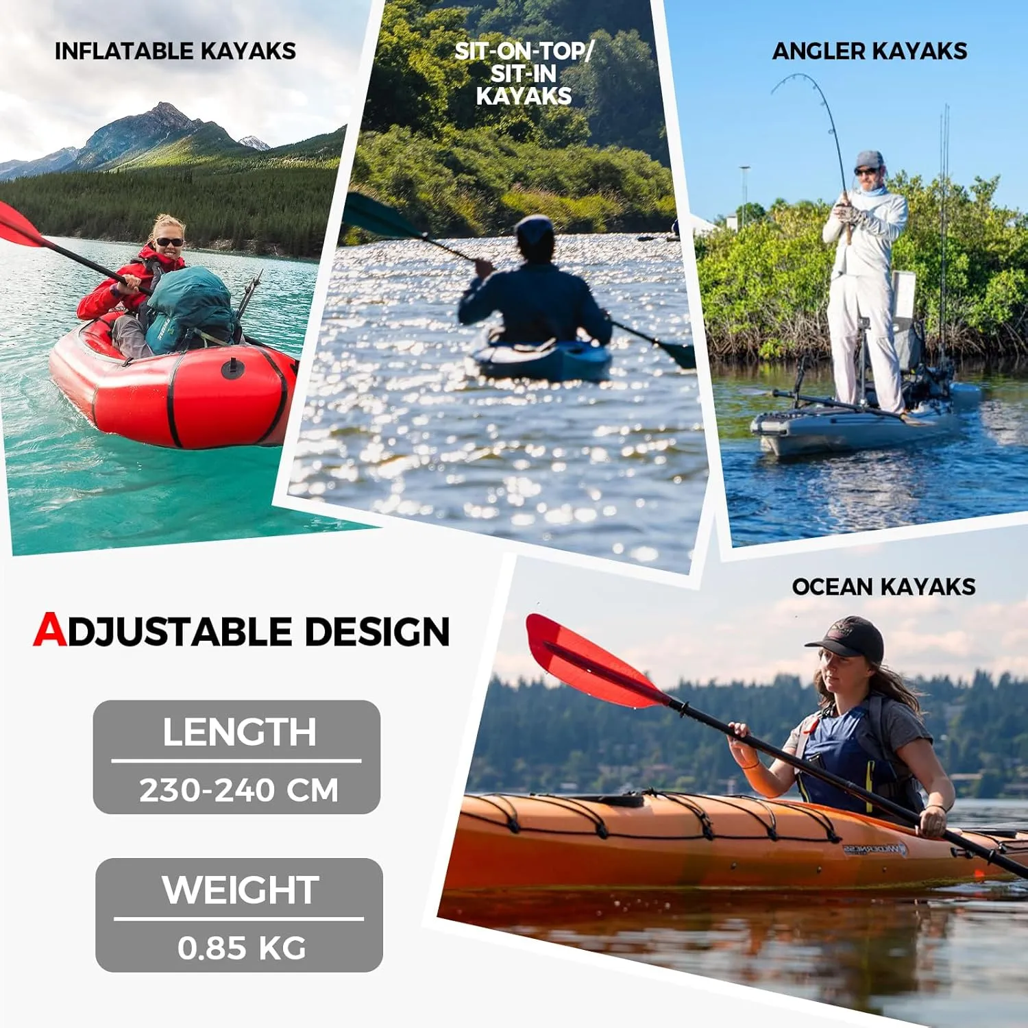 Kayak Paddle Premium Carbon Shaft and Gradient Full Fiberglass Blade, Lightweight Adjustable Carbon Fiber Kayaking Oars, 230-240 cm/90-94 inches, Colorful Series