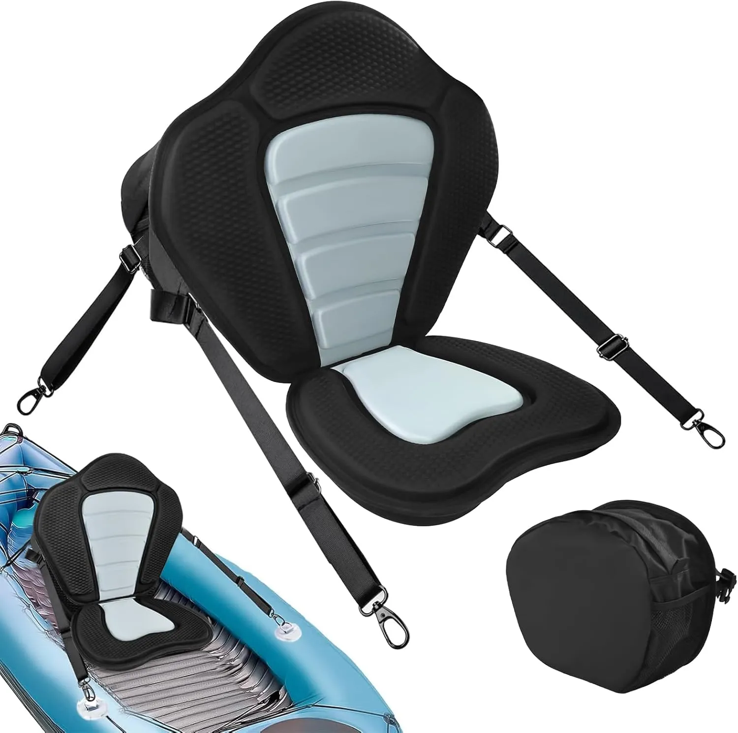 Kayak Seat Canoe Seat with Back Support, Universal SUP Sit On Top Padded Cushion with Detachable Storage Bag & 4 Adjustable Straps, Thicken Cushions Sets for Paddle Board Kayak Accessories