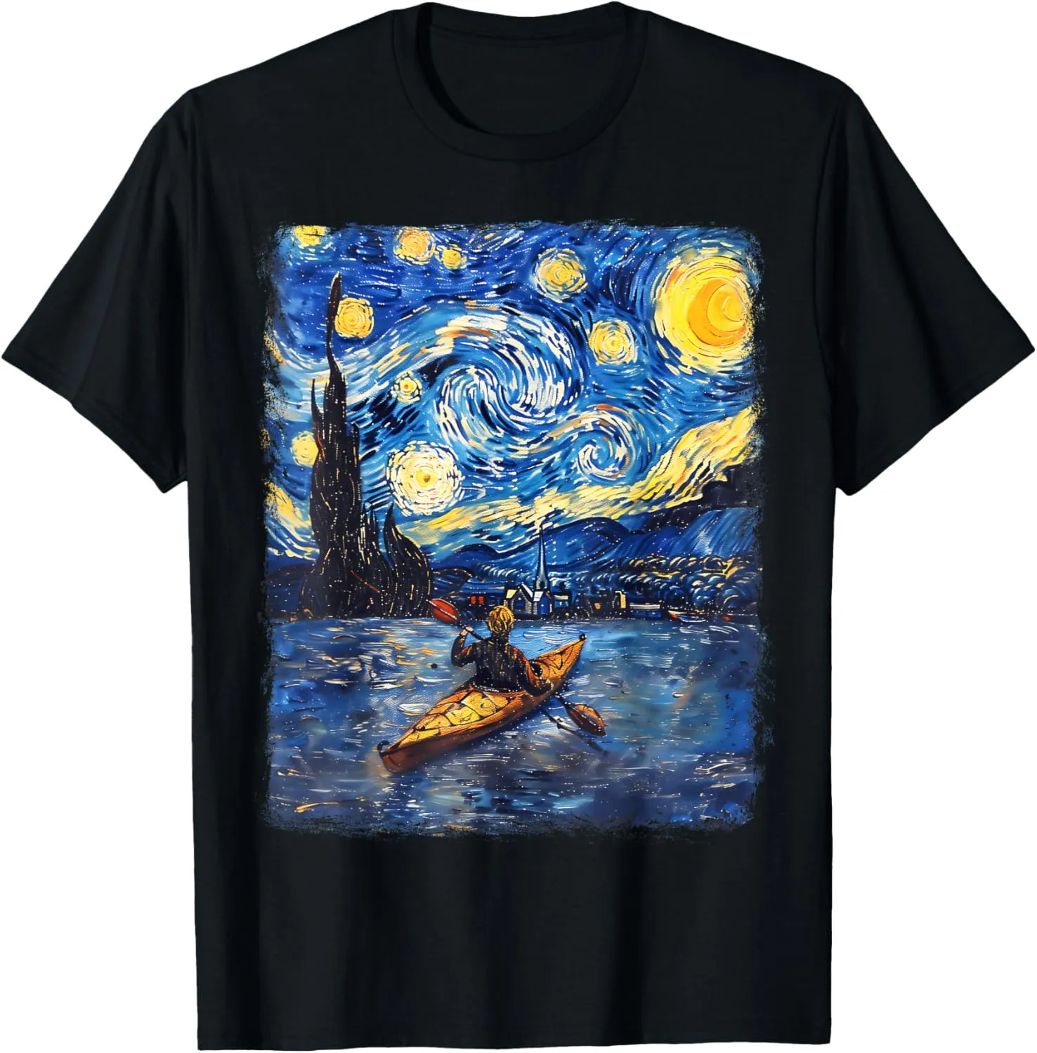 Kayaking Kayak Kayaker Starry Night Painting T-Shirt
