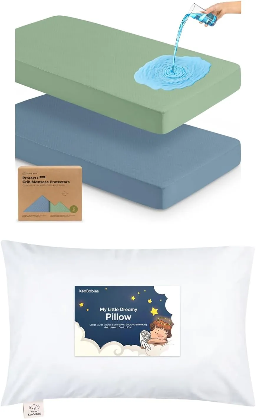 KeaBabies 2-Pack Waterproof Baby Crib Mattress Protector Cover and Toddler Pillow for Boys, Girls - Soft Cotton Protector for Kids Mattress - Kiddy Pillow for Sleeping